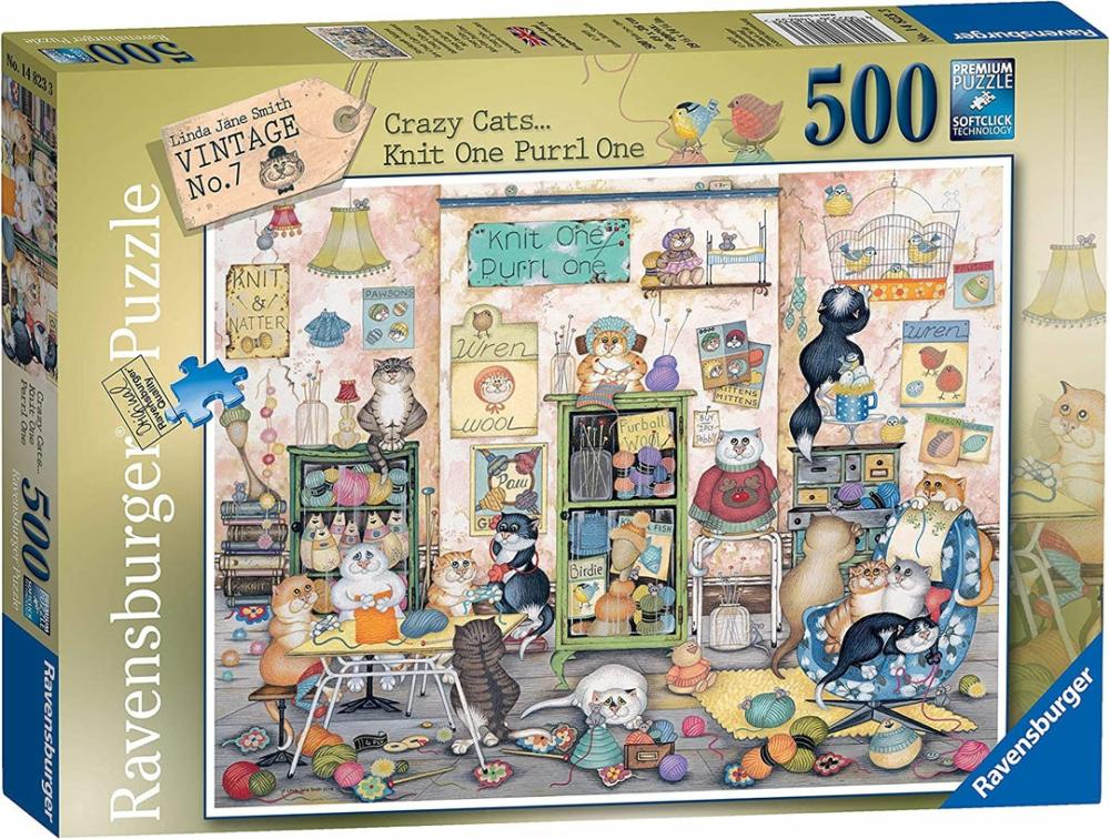 14823 Crazy Cats Vintage – Knit One Purrl One, 500Pc Puzzle  |  Puzzles Puzzles Puzzles