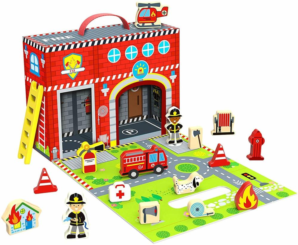 921 Ty203 Ea Wooden Fire Station Box, Multi-Colored  |  Playsets & Building Playsets & Building Playsets & Building