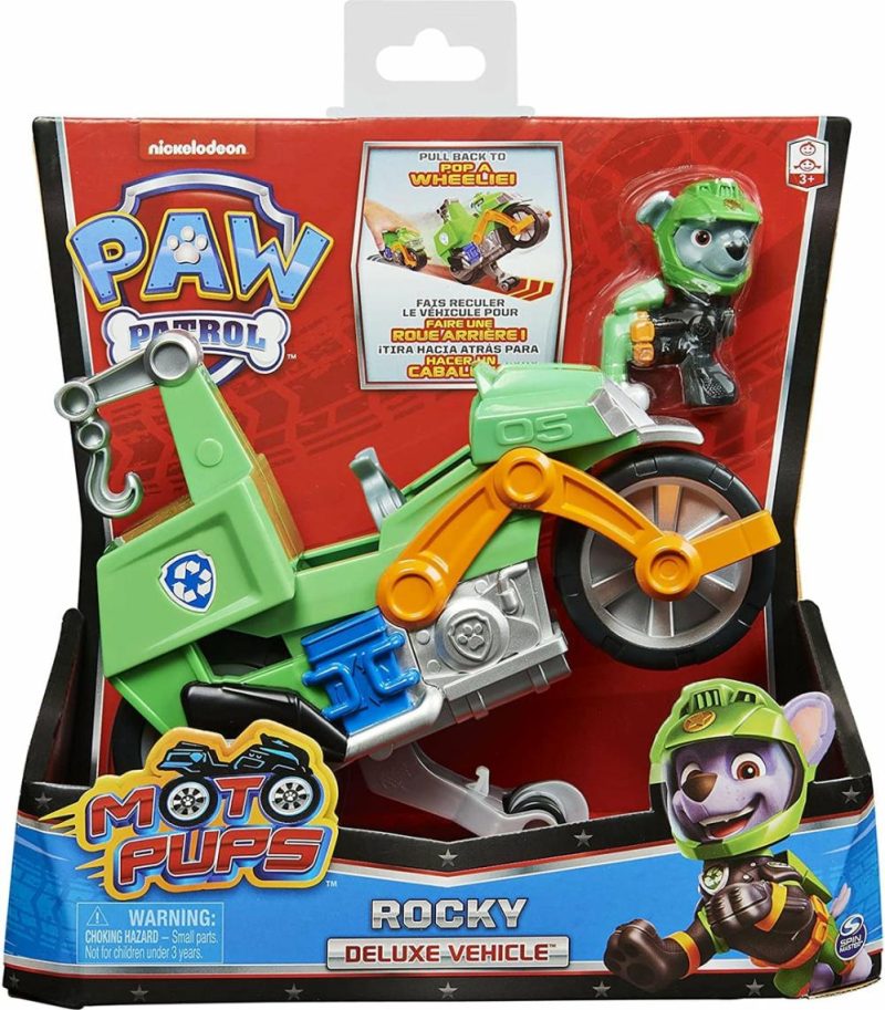 Paw Patrol Moto Pups Rocky’s Deluxe Pull Back Motorcycle Vehicle With Wheelie Fe  |  Play Figures & Vehicles Play Figures & Vehicles Play Figures & Vehicles